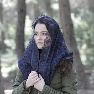 Navy Blue Infinity Mantilla — Lace Chapel Veil for Mass, with Comb