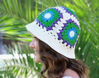 Summer bucket hat cotton, Beanie women, Granny square beanie, Woman Crochet headwear, Handmade hat women