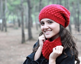 Optional red slouch knit cowl and hat set for women, Matching slouch beanie and loop scarf set for winter, Handmade gift