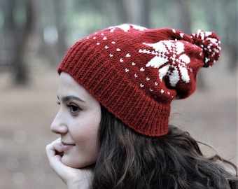 Burgundy snowflake knit hat with small hearts, Winter pom pom knit beanie, Winter accessories, Fair isle hat women