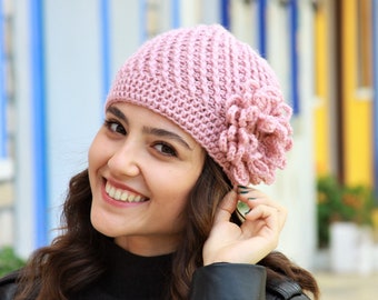 Dusty Pink Crochet Hat, Stylish Women Beanie With Flower on