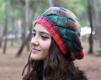 Winter semi slouchy beanie women, Custom size Multicolor knit hat, beanies and hats for women, Handknit beret, Handmade gift for women