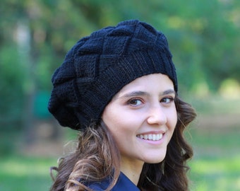 Black knit women beanie, Handknit hat, Knit accessories, Women handmade hat, Ladies knit beret, Beanies and hats