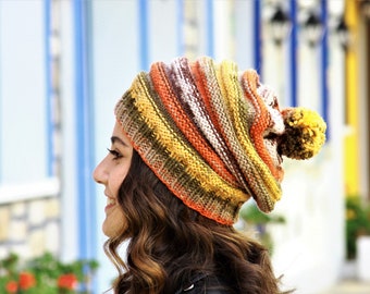 Fall Color Slouchy Beanie for Women, Pom Pom Knit Hat, Hand Knit Winter Beanie, Oversized Available