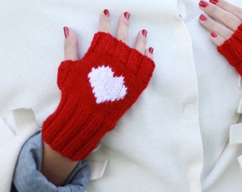 Red Knit heart Gloves for womens, Heart fingerless gloves, Valentines Gift for her, Women clothing, Accessories gift anniversary