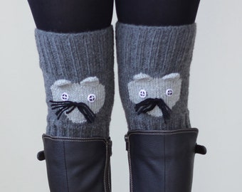 Cat lover gift for women, Knit Cat leggings, Womens leg warmers in grey color, Winter Apres ski party accessories