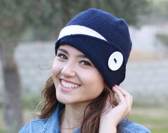 Winter Navy Blue Knit Hat for Women: Cloche Style, with White Band, 1920s Inspired