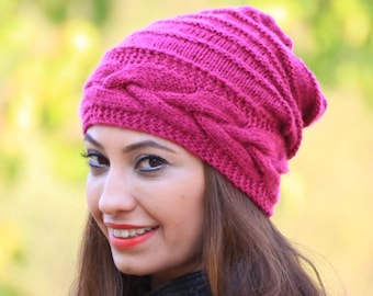 Bonnet Tricoté Fait Main Pour Femme - Rose, 100% Polyamide, Taille Unique Neuf Avec étiquettes