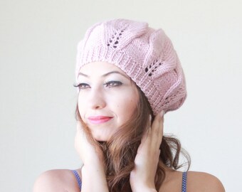 Dusty Pink slouchy hat, Women pink beret, Winter hand knit pastel color, Handmade beanie for winter