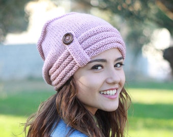 Pink winter slouchy hat for women, Hand knit hat with a button, Soft slouch beanie, Handmade beanie women