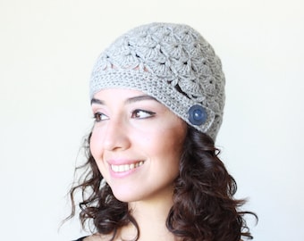 Hand crcohet beanie, Gray winter hat with button, Women crochet beanie from acrylic and wool yarn