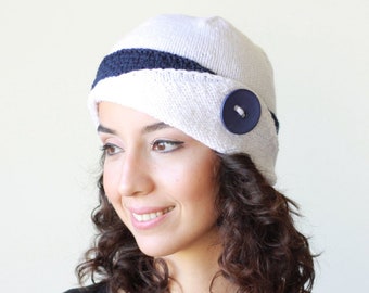 Women hand knitted hat in white with a navy blue band, Wool winter bonnet, Handknit beanie for ladies