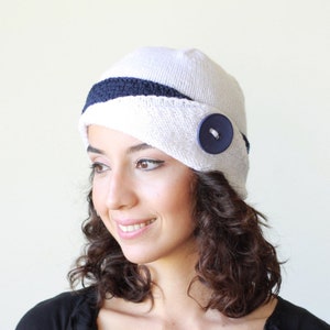 Women hand knitted hat in white with a navy blue band, Wool winter bonnet, Handknit beanie for ladies