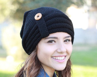 Custom color knit slouch beanie with a button, Stylish woman slouchy hat, Winter Skull caps & beanies, Handknit wool hat