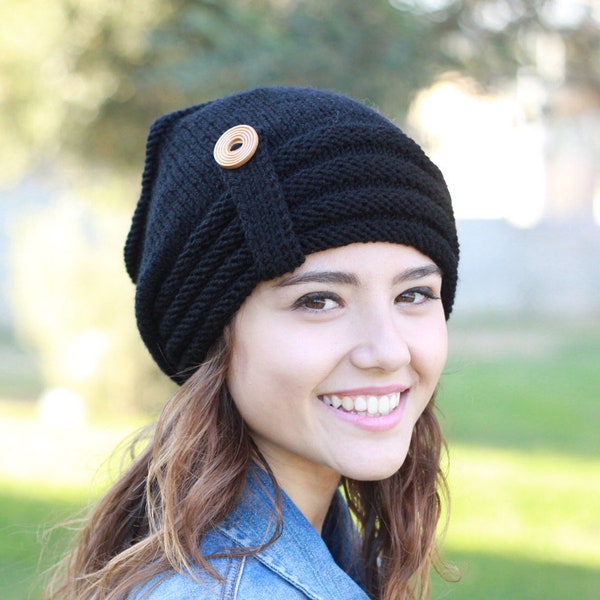 Custom color knit slouch beanie with a button, Stylish woman slouchy hat, Winter Skull caps & beanies, Handknit wool hat