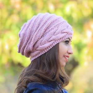 Dusty pink slouchy beanie, Women oversized beanie for winter, Boho style handknit hat, Womens clothing boho