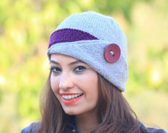 Women gray beanie with button and purple band, Hand knit winter hat, Gray hanmade cap