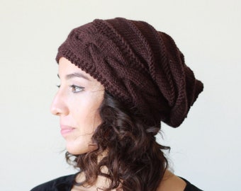 Brown winter beanie, Handknit slouch hat, Brown knit beanie women, Hanmade slouchy cap for fall, Loose beanie winter