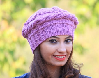 Winter Knit beret for women in lilac color, Hand knitted hats for women in French style, Fall accessories