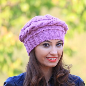 Winter Knit beret for women in lilac color, Hand knitted hats for women in French style, Fall accessories