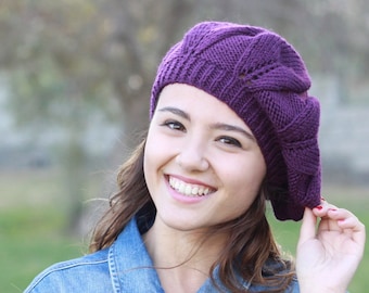Purple hand knitted winter beanie for autumn, French artist style slouchy hat for women, Fall handknitted beanie, Ladies slouch hat