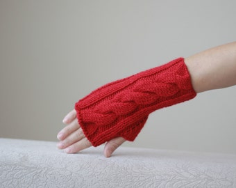 Winter hand knitted red fingerless mittens for women, Knit hand warmers, Red fingerless gloves