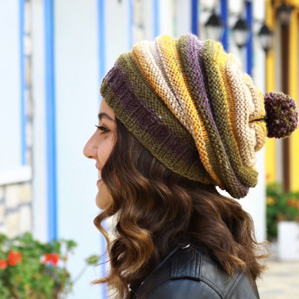 Pom pom knit hat, Slouch beanie women, Handmade knit cap, Winter slouch womens hat, Handknit pompom hat, Winter accessories, Fashion gift