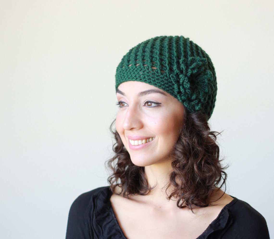 Emerald Green Crochet Beanie With Flower Women Handmade Hat | Etsy