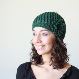 Emerald green Crochet Beanie with flower, Women handmade hat winter, Flower beanie women, Handmade gift women, Gift for her birthday friend image 4