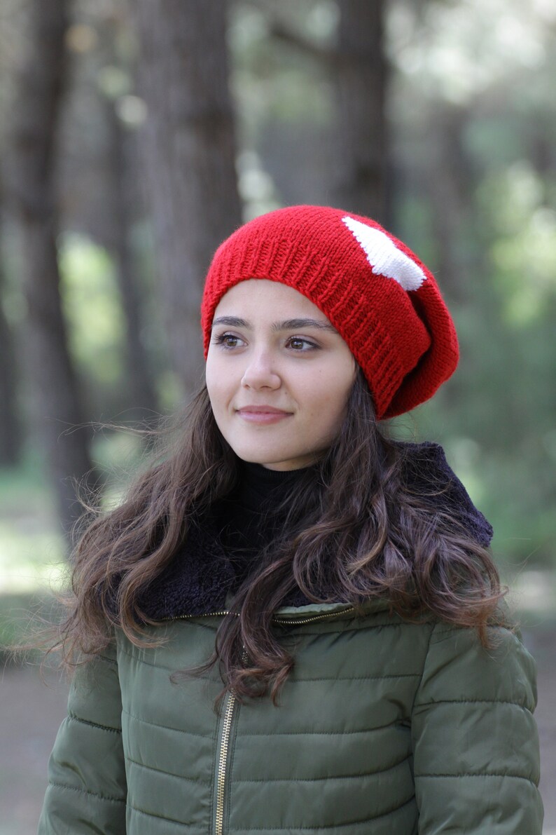 Red knit hat heart, Slouchy beanie knit, Handmade Gift for her, Girlfriend gift for Valentines Day, Valentine accessories image 6