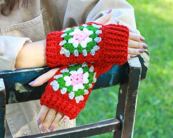 Crochet granny square fingers free gloves womens, Colorful hand warmers, Knit Short gloves, Fall accessories, Red fingerless gloves