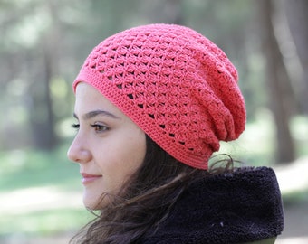 Cotton soft hand crochet beanie for women, Boho slouchy hat in deep coral color, Spring headwear for sensitive skins