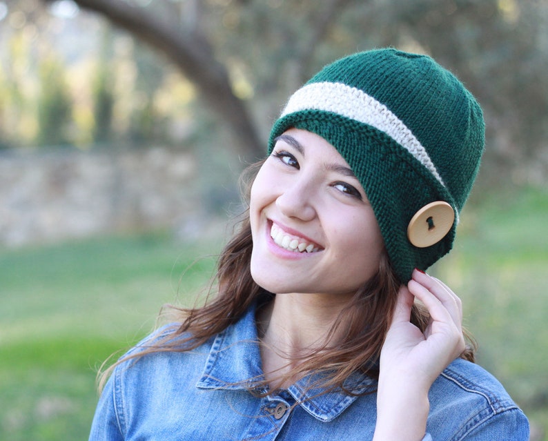 Women knit beanie women with a button, Emerald green knit winter bonnet hat, Hand knit hat women, Winter knit accessories for ladies image 1
