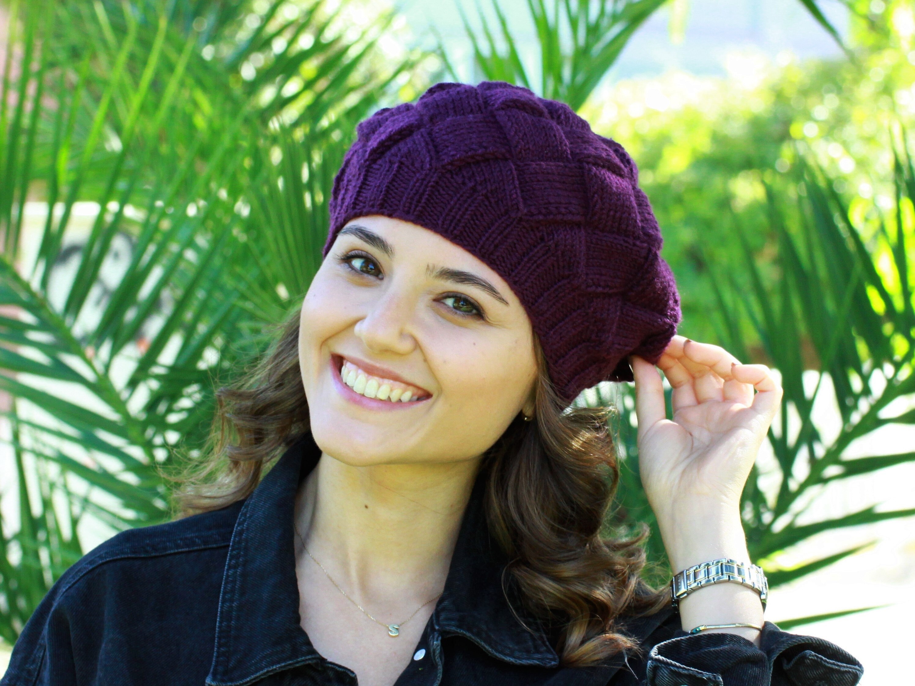 Heathered Lavender Purple Hand Knit Wool Beret Winter Hat Beret Purple 100% Wool Hats for Women for sale | eBay main image 3
