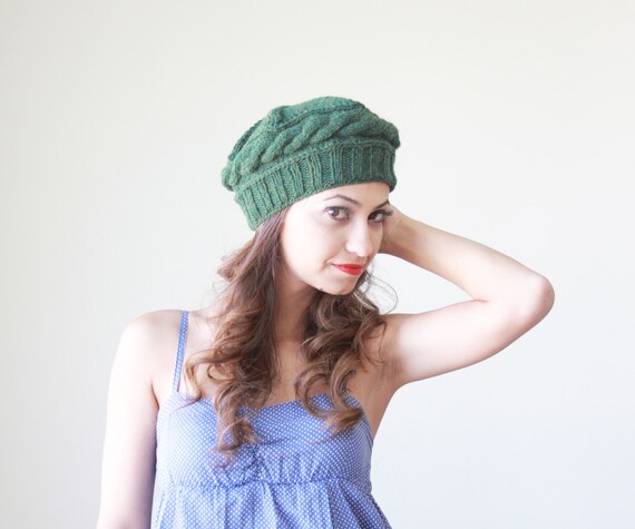 Hand-knit Wool Beret in Emerald Green, French Style Hat for  display picture 2