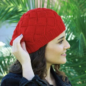Handknit red beanie in entrelac knitting style, Winter women hat, Wool red knit hat, Handmade gift for girl friend image 6