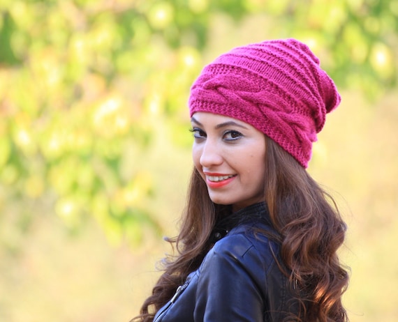 Magenta Slouchy Beanie for Women, Knit Hat Winter, Slouch  display picture 2
