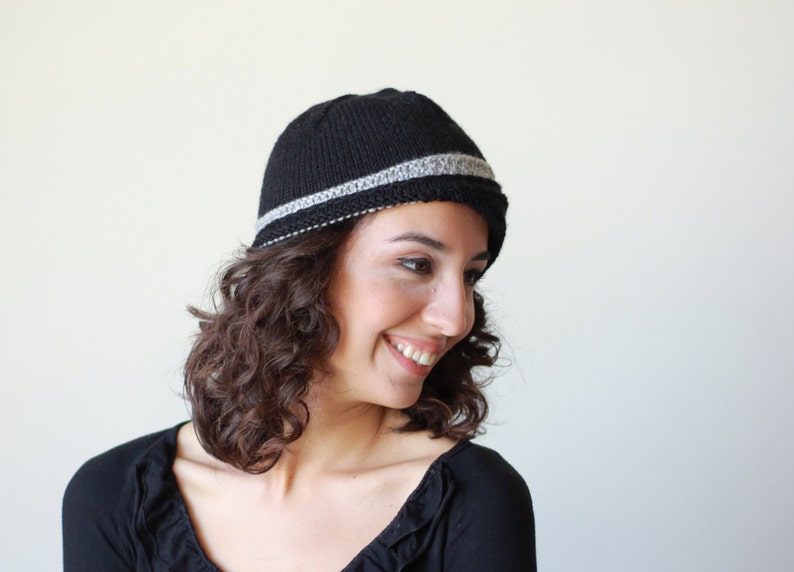 Ladies beanie with a red button Black and grey hand knit hat Black woolen hat women Knit accessories
