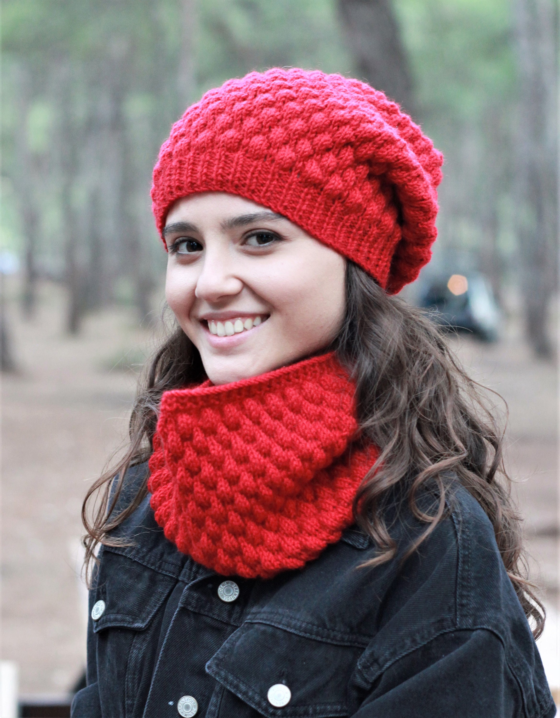 Red Beanie and Cowl Set, Knit Women Red Slouch Hat and Neck