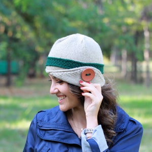 Women Knit Hats inspired by 1920s cloche hats, Winter fashion beanie with a button, Half brimmed fall accessories, Soft color image 4