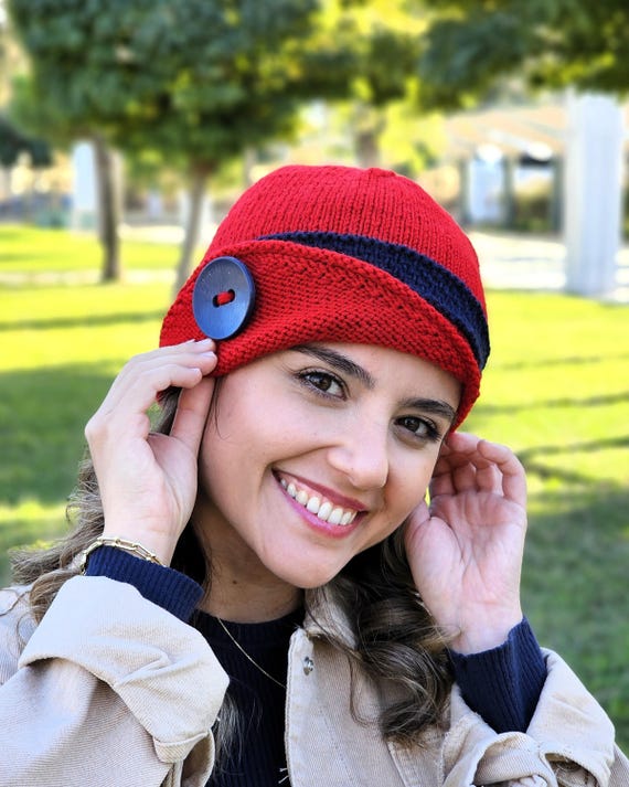 Red orange navy womens cloche hat CLOCHE HAT - Navy Blue Tipped in Orange main image 3