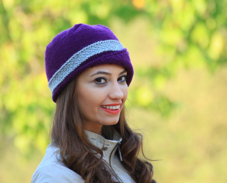 Unique Ladies purple hat with button Knit accessories Lucy Hat Winter hat for women