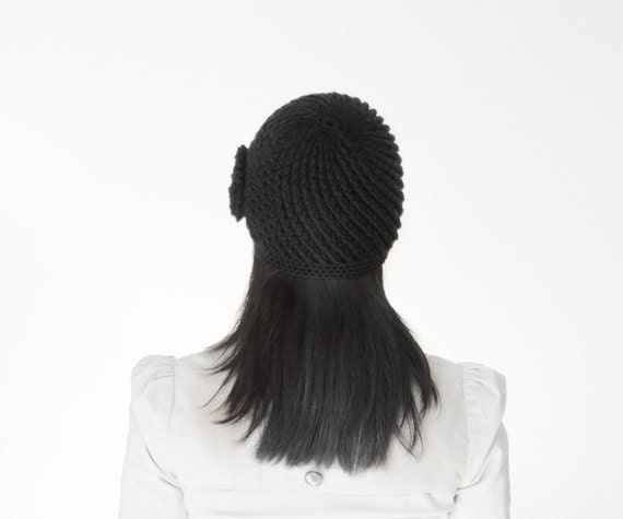 Black Crocheted Beanie With Flower on Side for Women - Etsy