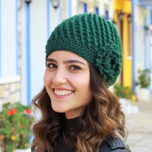 Emerald green Crochet Beanie with flower, Women handmade hat winter, Flower beanie women, Handmade gift women, Gift for her birthday friend image 2