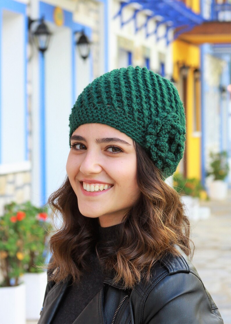 Emerald green Crochet Beanie with flower, Women handmade hat winter, Flower beanie women, Handmade gift women, Gift for her birthday friend image 2