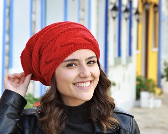 Slouchy red beanie women, Stylish handmade winter red knit hat, Boho style handknit cap, Trendy slouch beanie