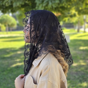 Triangle Black Lace Prayer Veil, Catholic Mantilla Scarf, Funeral Veil