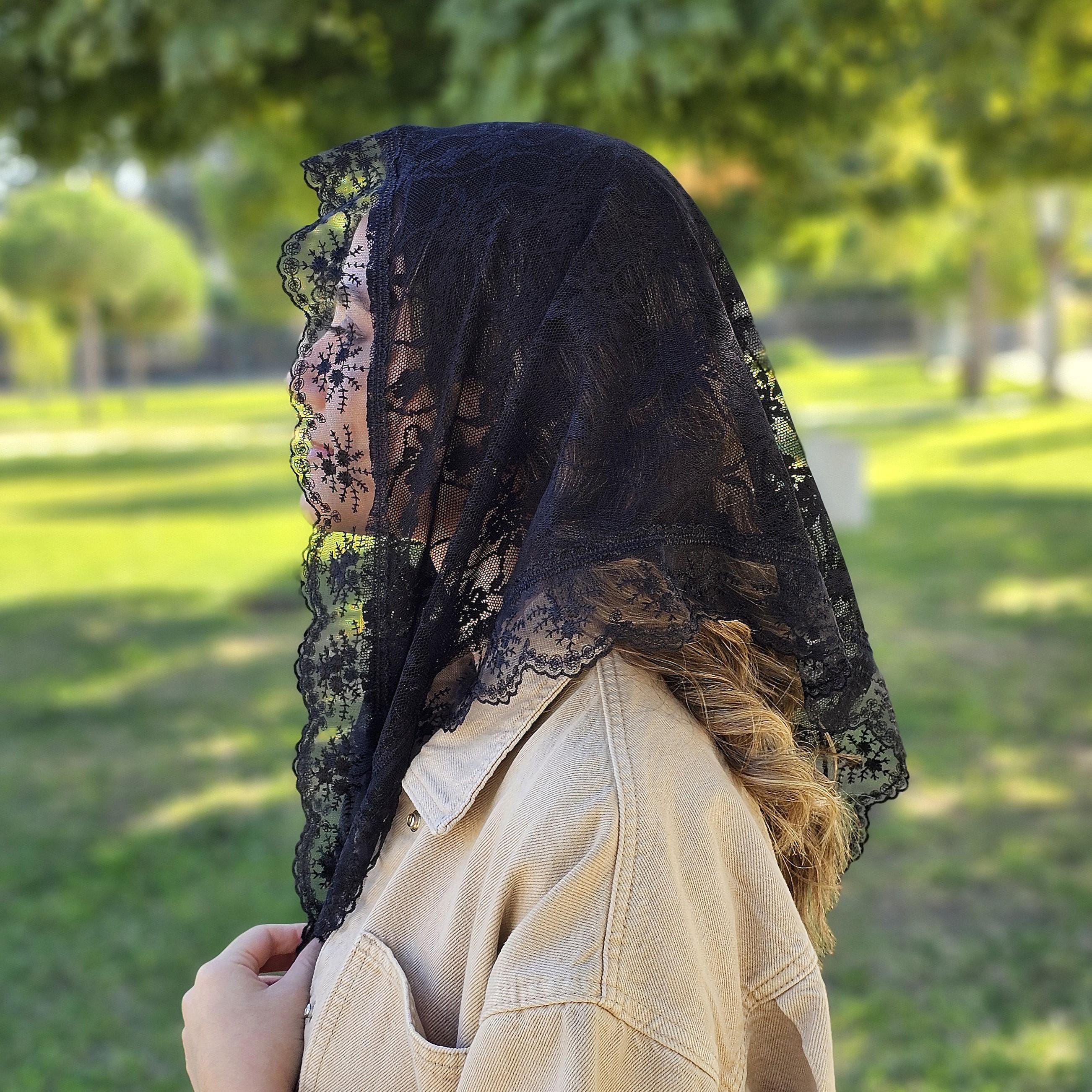 Triangle Black Lace Prayer Veil, Catholic Mantilla Scarf, Funeral Veil