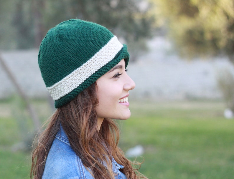 Women knit beanie women with a button, Emerald green knit winter bonnet hat, Hand knit hat women, Winter knit accessories for ladies image 4
