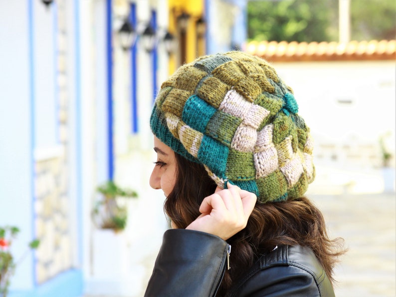 Hand knit hat woman in green shades, Multicolor soft knit hat winter, Ombre yarn beanie, Green knit beanie, Handmade hat women image 4